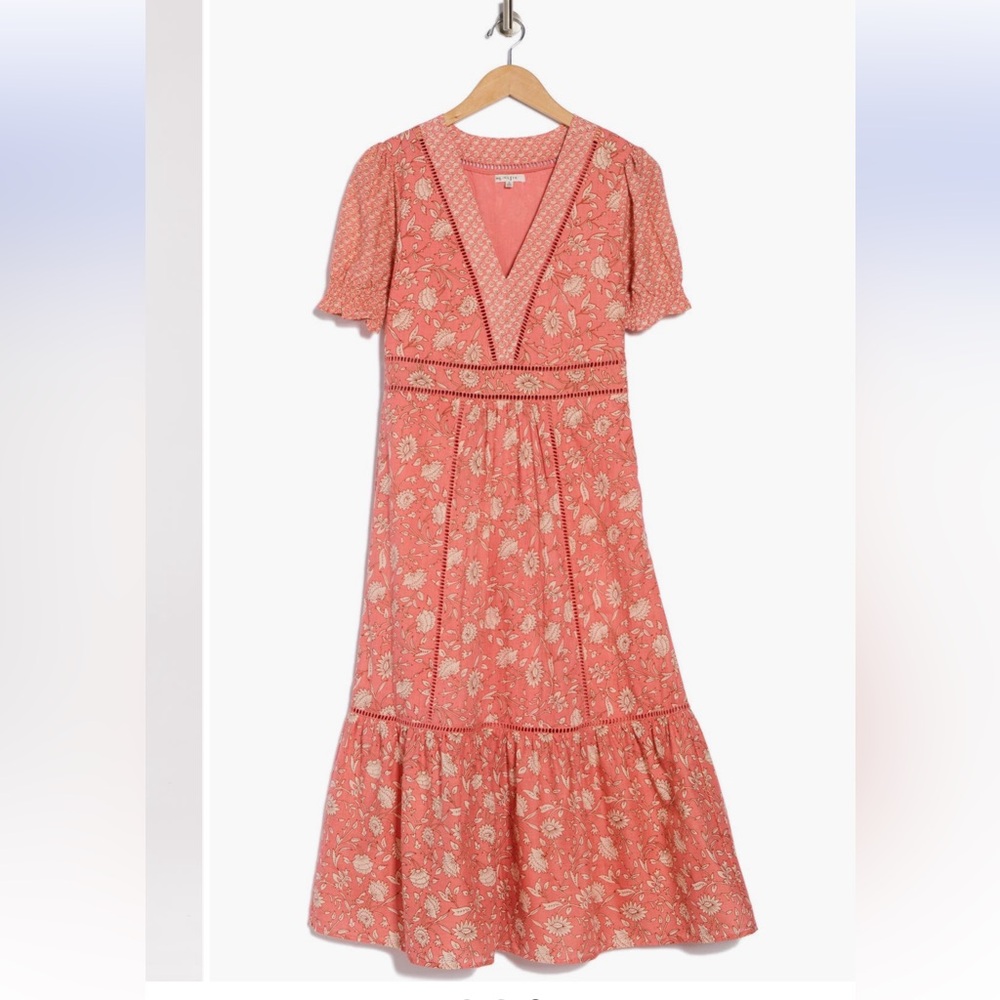 Maisie Puff Sleeve -Coral Midi Dress with Crochet Trim- NWT! - Picture 3 of 3